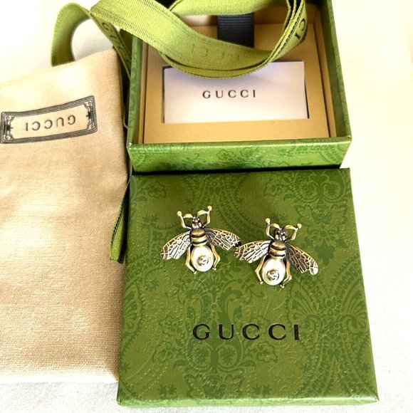 Gucci Gold Brass Bumble Bee Stud Earrings Gucci Logo - Picture 2 of 5
